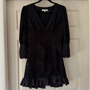 LoveShackFancy Black V-Neck Ruffle Hem Mini Dress
